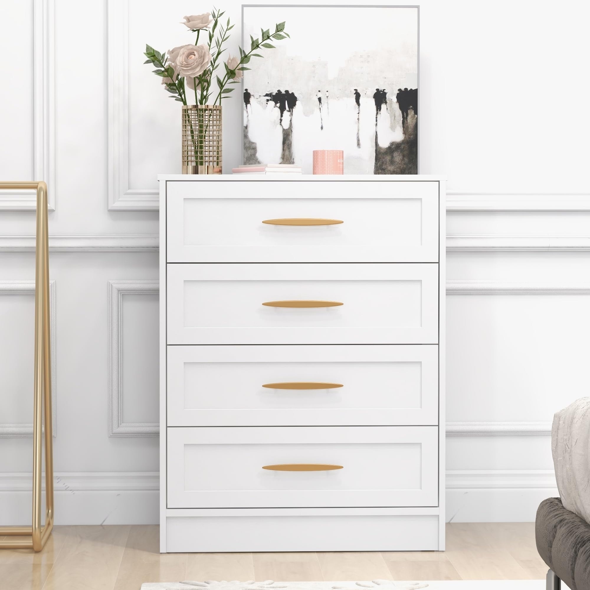 4 Drawer Dresser White Chest Of Drawers With Gold Handle U0026 Wide Drawers 35 8