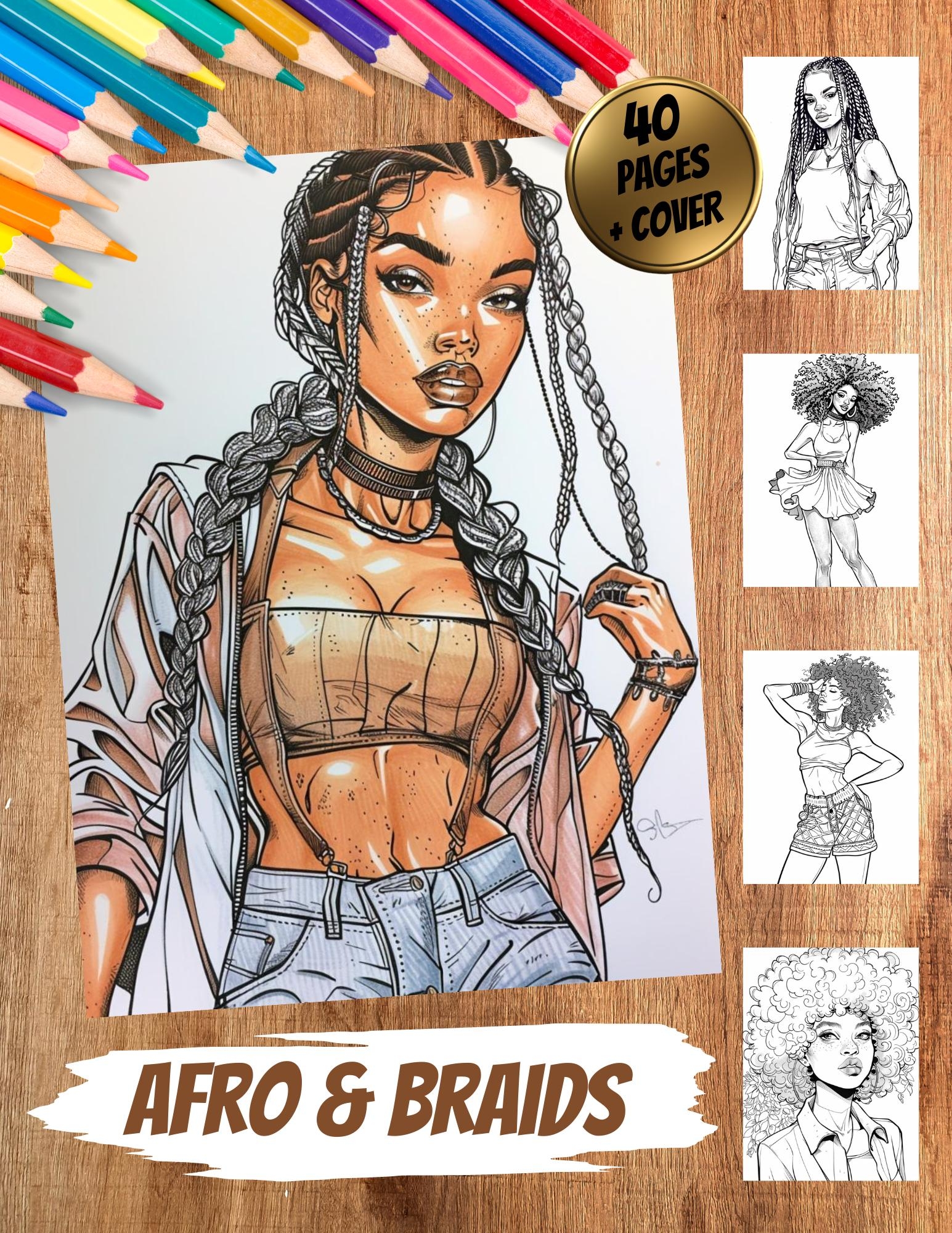 40 Afro Braids Coloring Book Printable PDF Beautiful Black Women 
