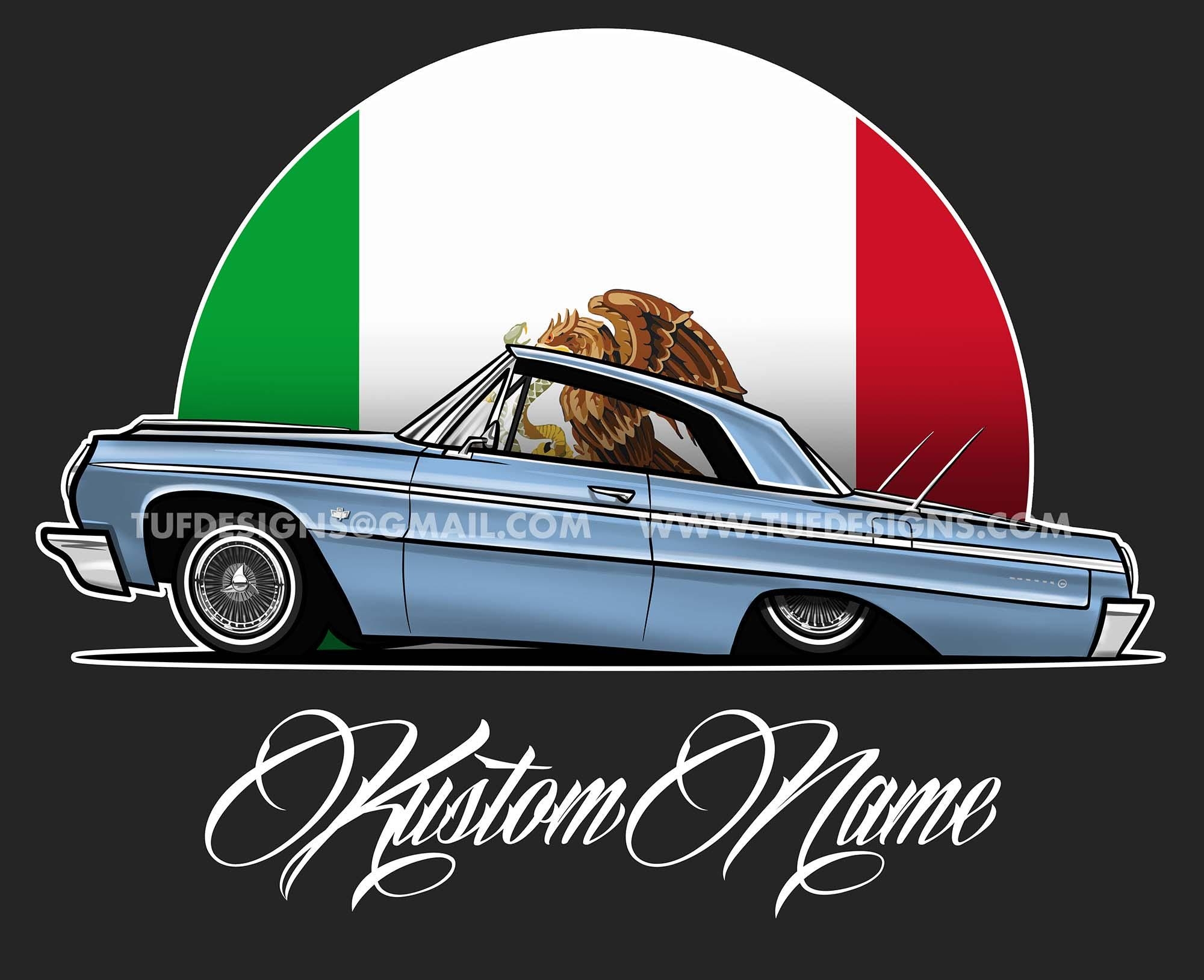 64 Impala Artwork Lowrider Drawing Personalized Name Mexican Flag Chicano Style Chevy Low Rider Custom Cars Car Club Logo Design Etsy