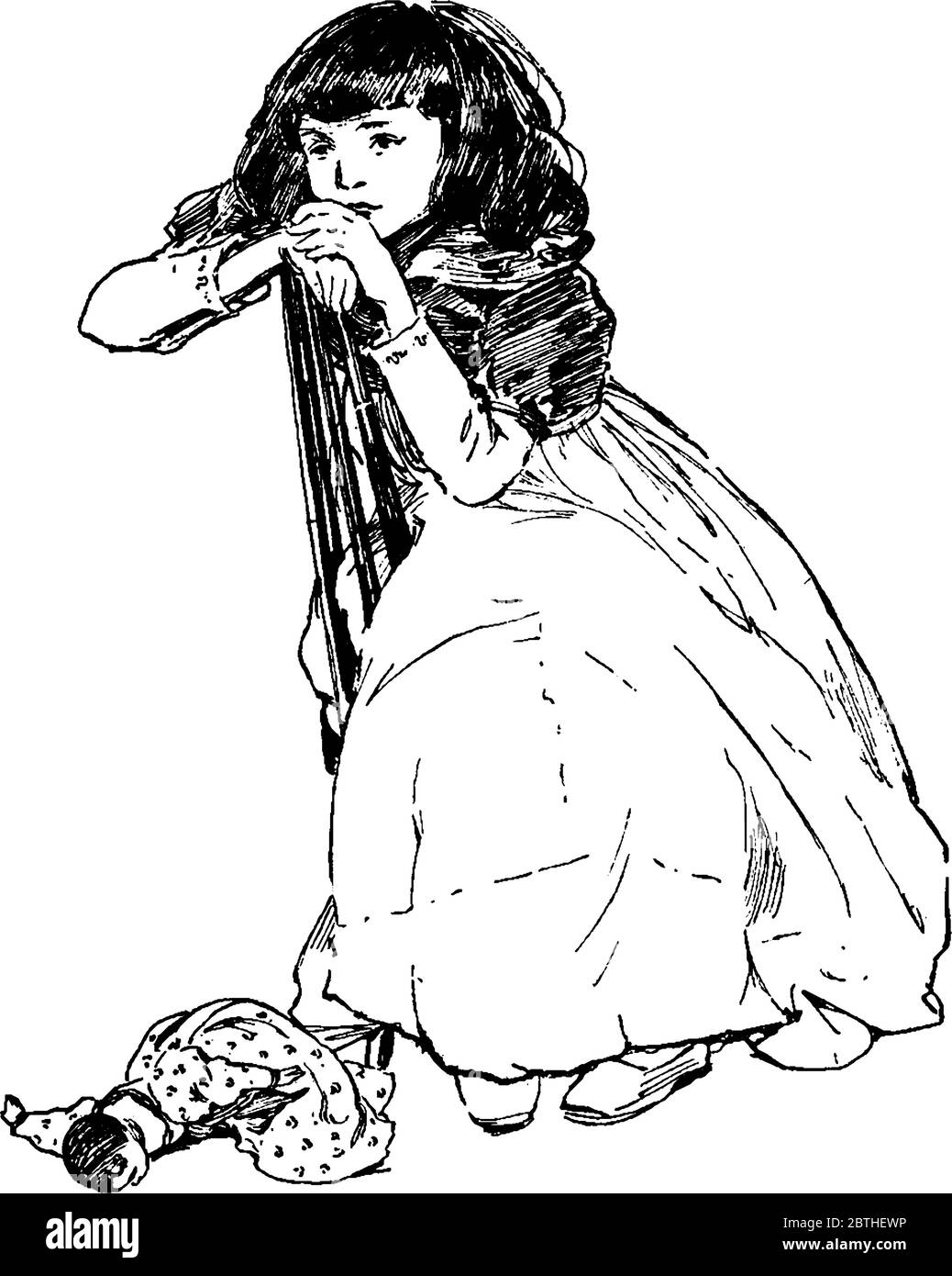 A Girl Sitting On A Chair And Resting Her Chin On Her Hands Placed In The Top Rail Of It With Her Doll Lying On The Ground Vintage Line Drawing Or E