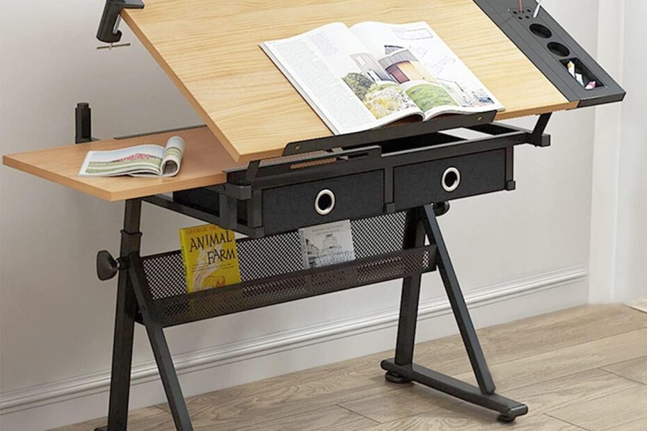 Adjustable Height Drafting Table With Drawers And Tilting Tabletop Ideal For Home Office