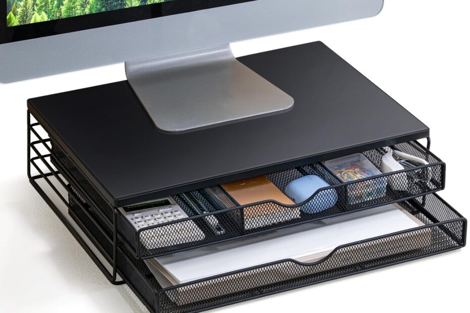 Amazon ARCOBIS Wood Monitor Riser With Drawers Mesh Metal Computer Monitor Stand Riser With Storage For Desk Max Load Capacity 40LB 2 Drawers Black Electronics