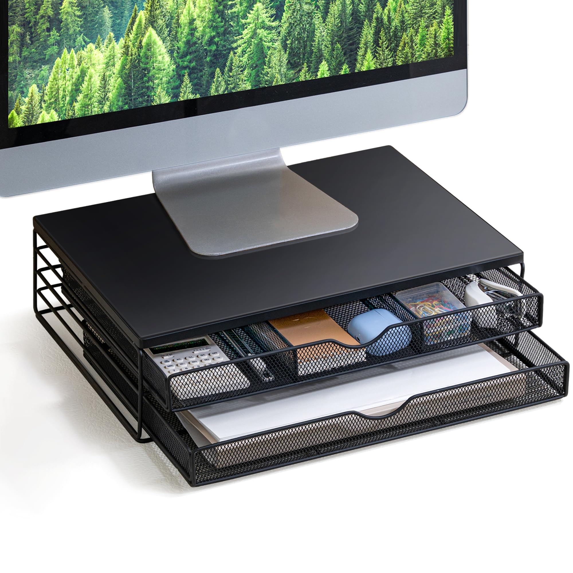 Amazon ARCOBIS Wood Monitor Riser With Drawers Mesh Metal Computer Monitor Stand Riser With Storage For Desk Max Load Capacity 40LB 2 Drawers Black Electronics
