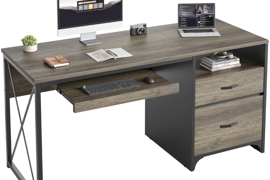 Amazon Bestier Office Desk With Drawers 55 Inch Industrial Computer Desk With Storage Wood Teacher Desk With Keyboard Tray U0026 File Drawer For Home Office Dark Gray Oak Office Products