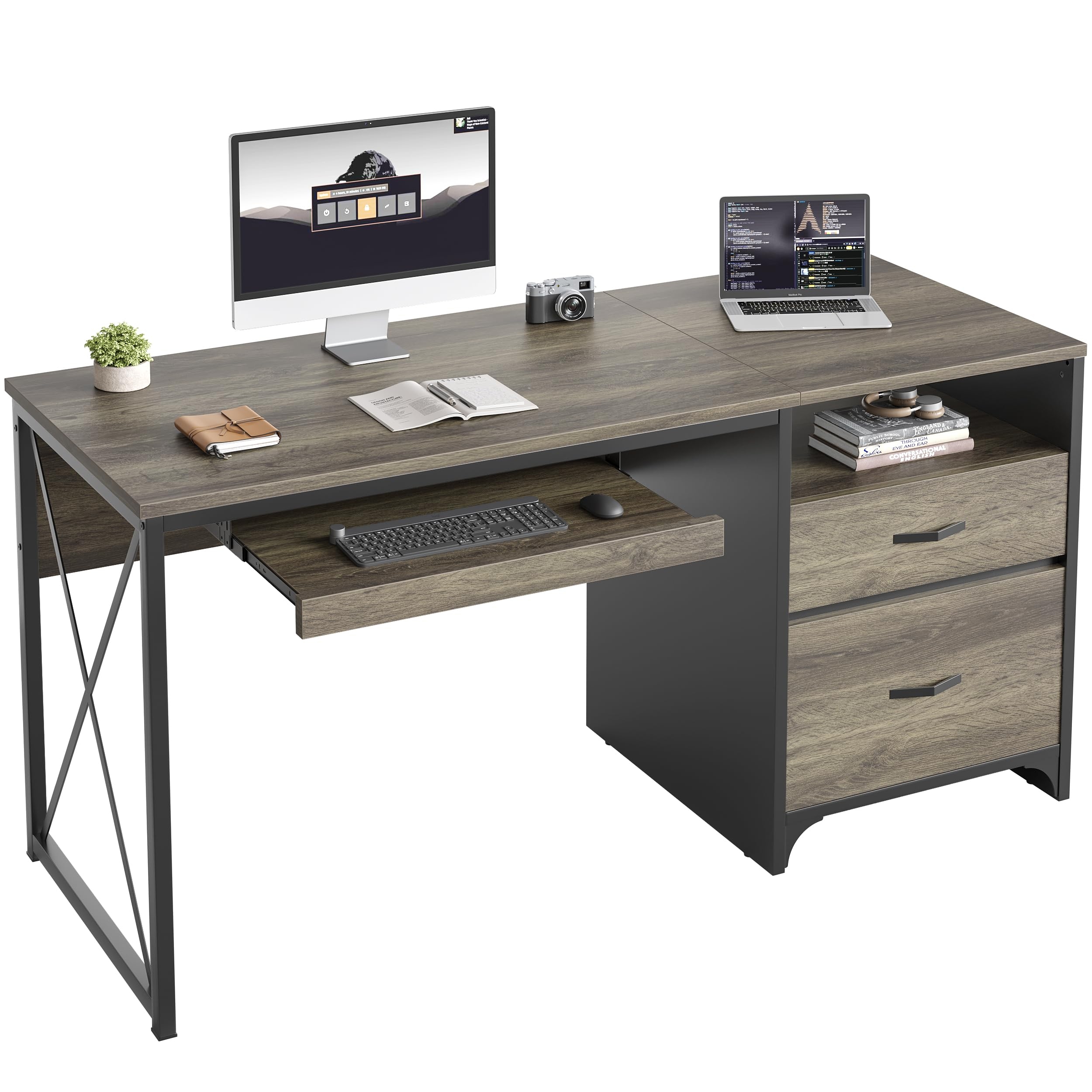 Amazon Bestier Office Desk With Drawers 55 Inch Industrial Computer Desk With Storage Wood Teacher Desk With Keyboard Tray U0026 File Drawer For Home Office Dark Gray Oak Office Products
