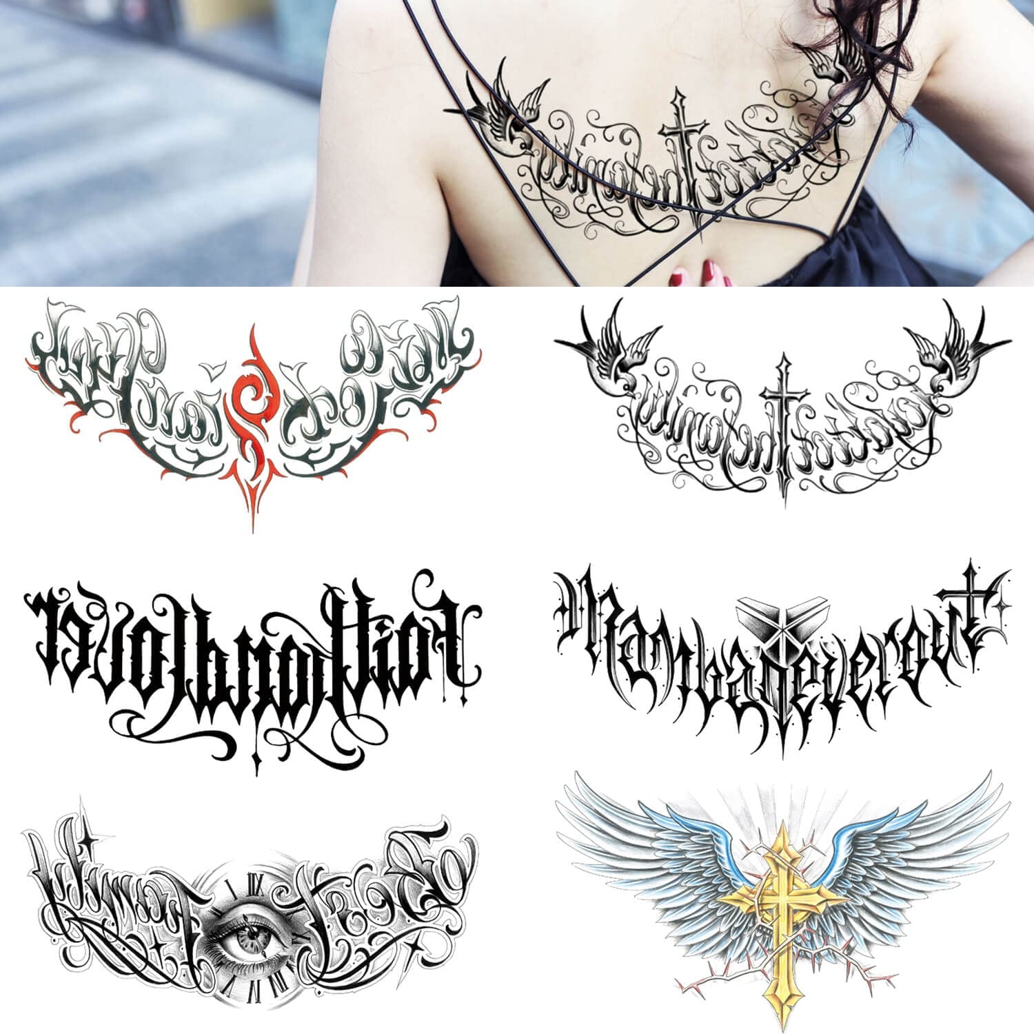 Amazon GLARYYEARS Words Temporary Tattoo For Adults 6 Pack Large Realistic Back Chest Tattoos Stickers Long lasting Wings Quotes Inspirational Words Fake Tattoos Makeup For Men Women Body Tramp Stamp Beauty U0026