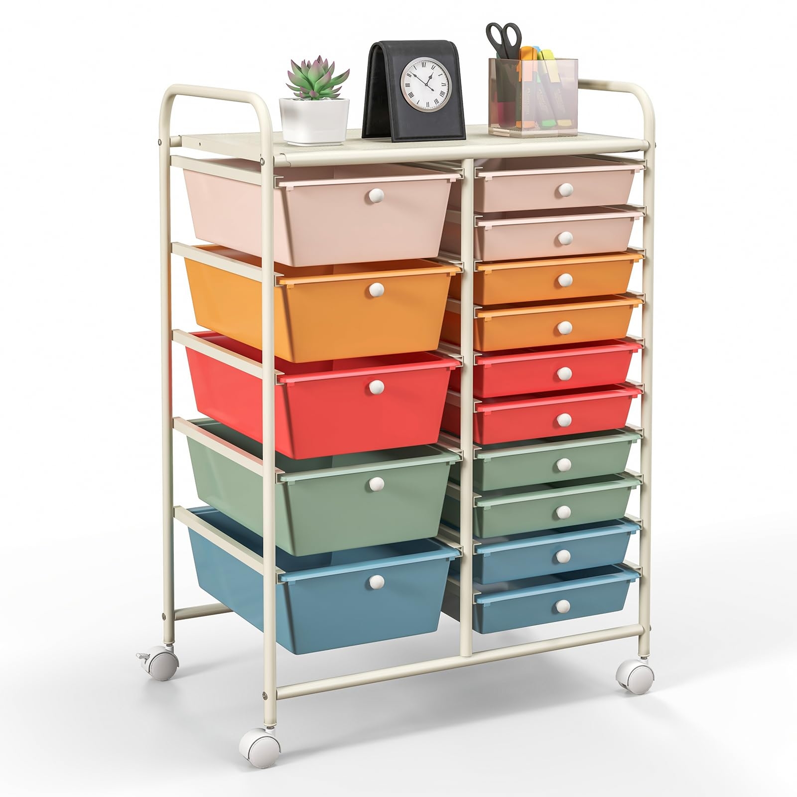 Amazon GOFLAME 15 Drawer Rolling Storage Cart Multipurpose Movable Organizer Utility Cart For Home Office School Macaron Color Office Products