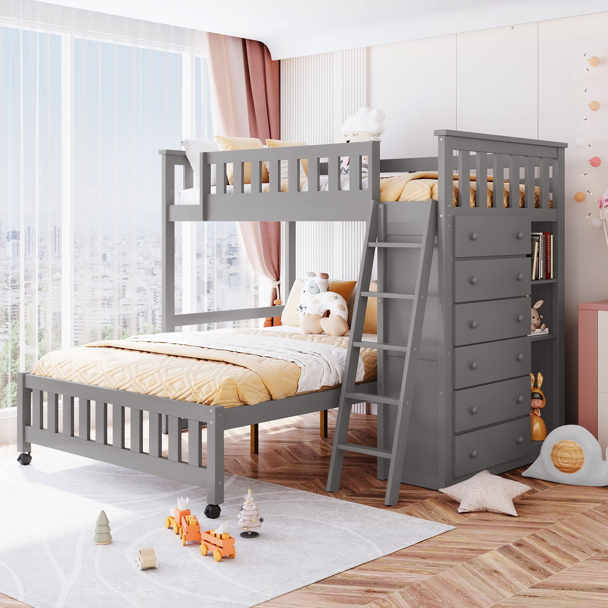 Amazon Harper U0026 Bright Designs Twin Over Full Bunk Bed With 6 Storage Drawers And 3 Shelves Wood Twin Loft Bed With Movable Lower Bed No Box 
