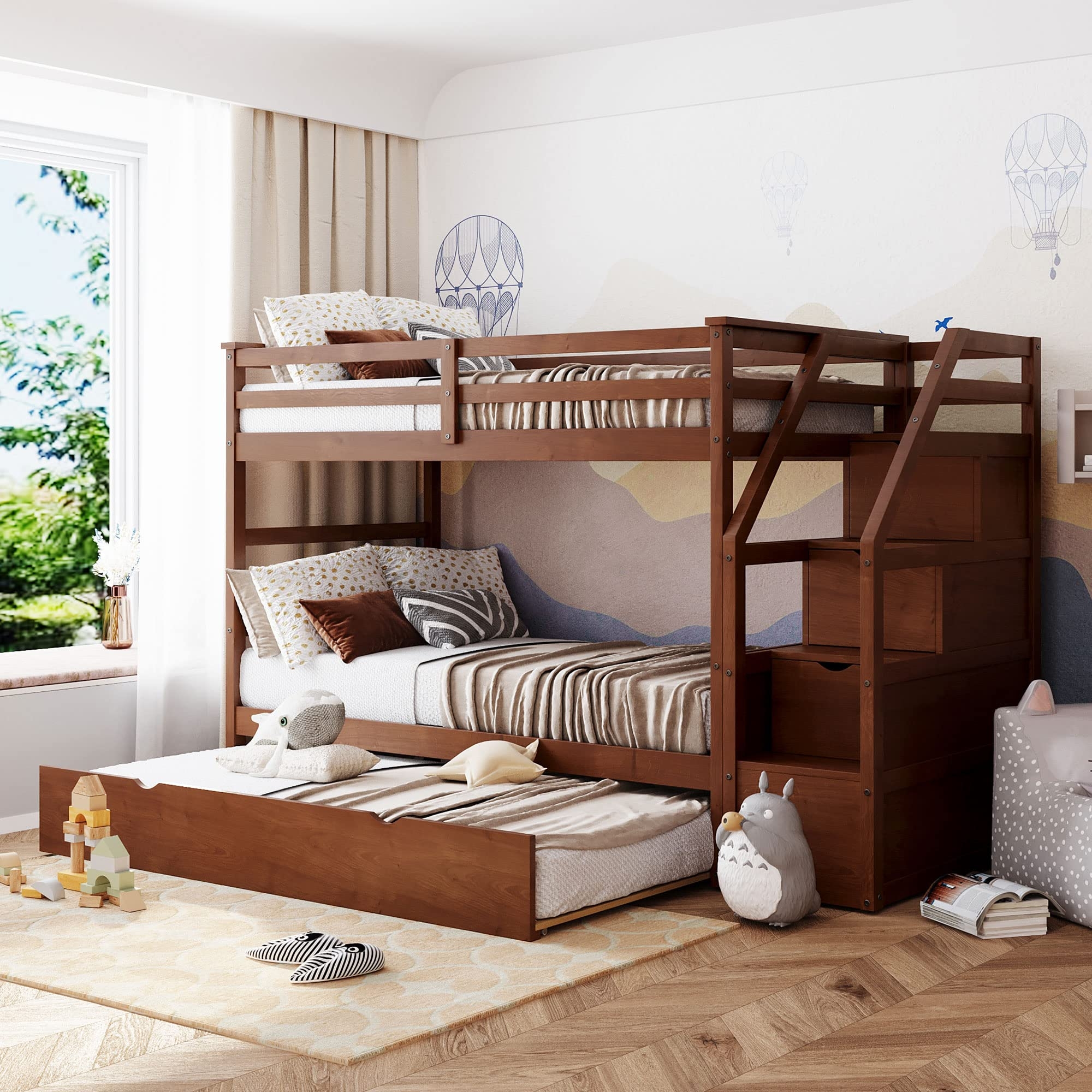 Amazon Harper U0026 Bright Designs Twin Over Twin Bunk Bed With Trundle Wood Bunk Bed With Storage Stairs For Kids Teens Adults Walnut Home U0026 Kitchen