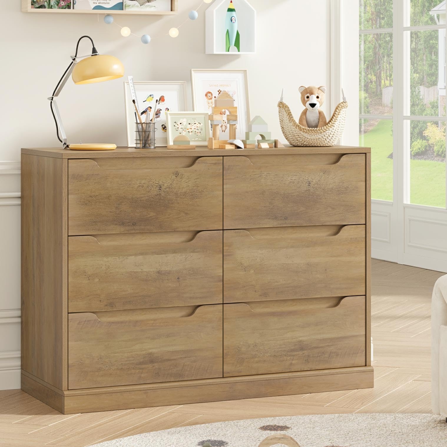 Amazon HOSTACK Modern 6 Drawer Dresser For Bedroom Double Chest Of Drawers With Storage Large Wooden Storage Dresser Organizer With Cut Out Handle Accent Storage Cabinet For Living Room Rustic Brown Home