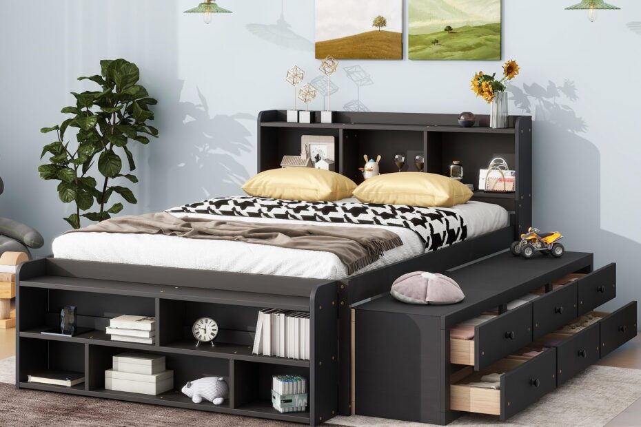 Amazon Linique Full Platform Bed Frame With Bookcase Headboard Under Bed Storage Drawers And Bed End Storage Case Enhanced Bed Platform
