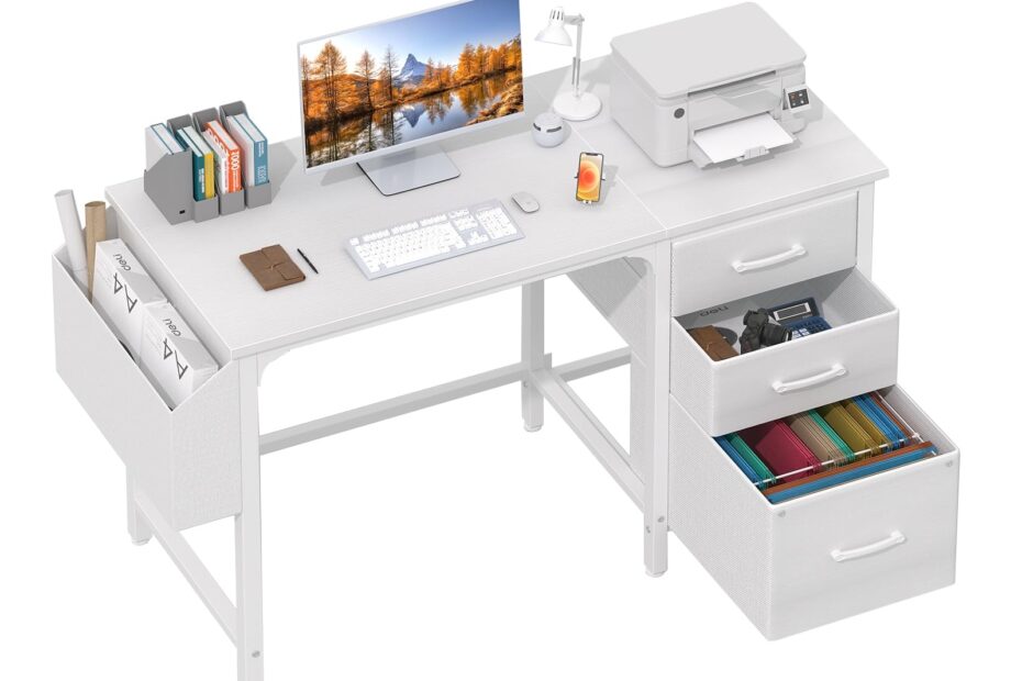 Amazon Lufeiya White Desk With Fabric File Drawers Cabinet 47 Inch Reversible Computer Desk With Filing Cabinet For Bedroom Small Space Home Office Modern Writing Table PC Desks White Home U0026