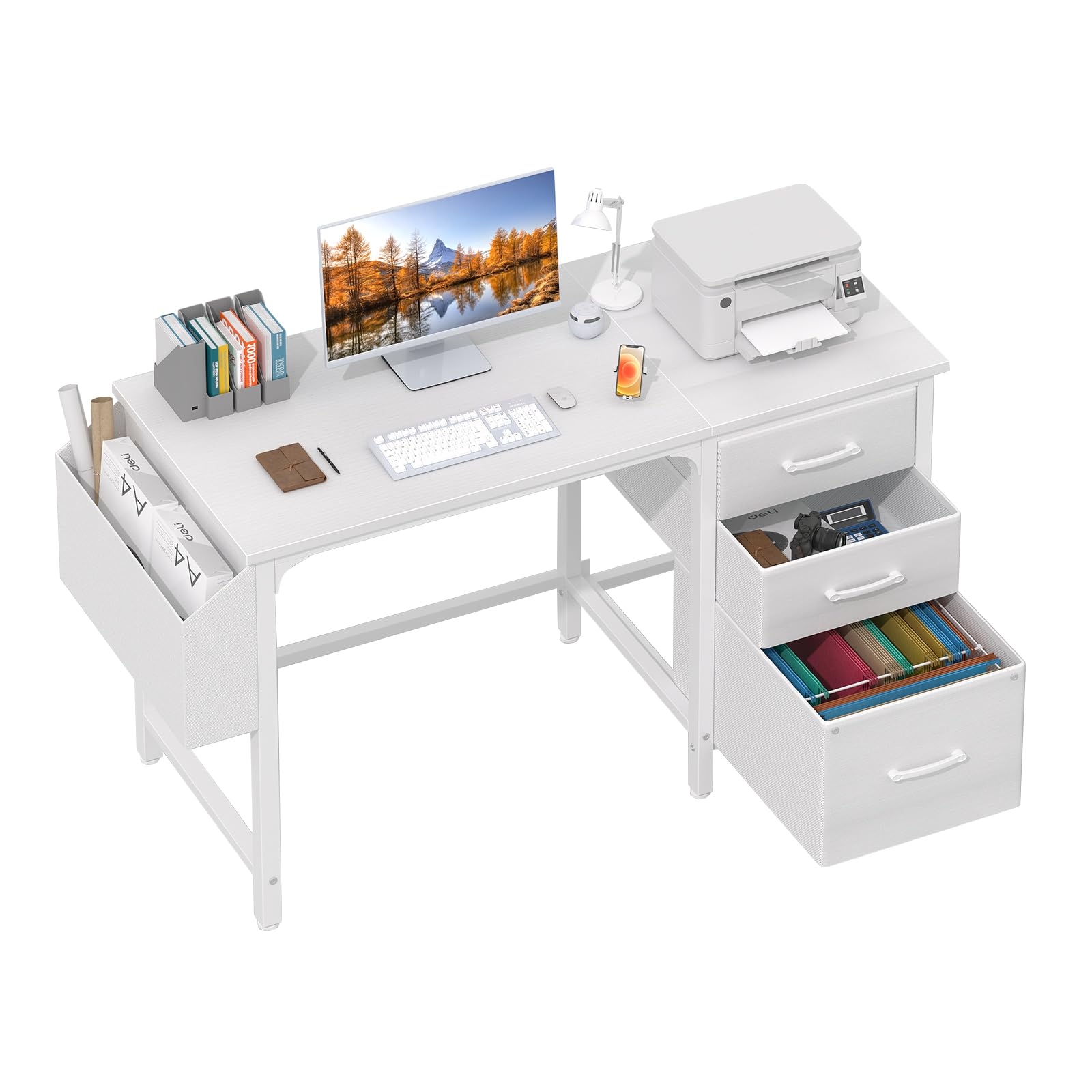 Amazon Lufeiya White Desk With Fabric File Drawers Cabinet 47 Inch Reversible Computer Desk With Filing Cabinet For Bedroom Small Space Home Office Modern Writing Table PC Desks White Home U0026