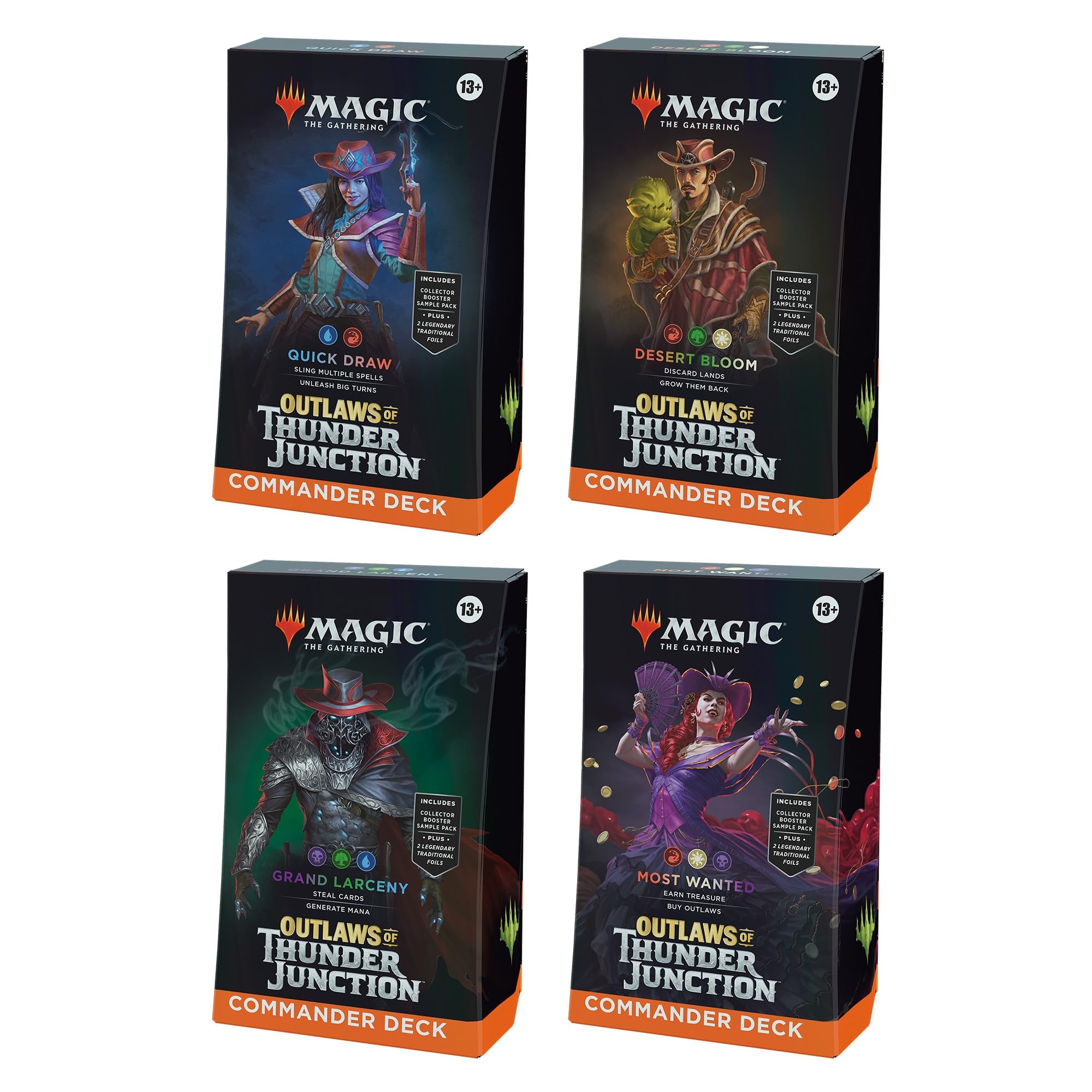 Amazon Magic The Gathering Outlaws Of Thunder Junction Commander Deck Bundle Includes All 4 Decks Quick Draw Desert Bloom Grand Larceny And Most Wanted Toys U0026 Games