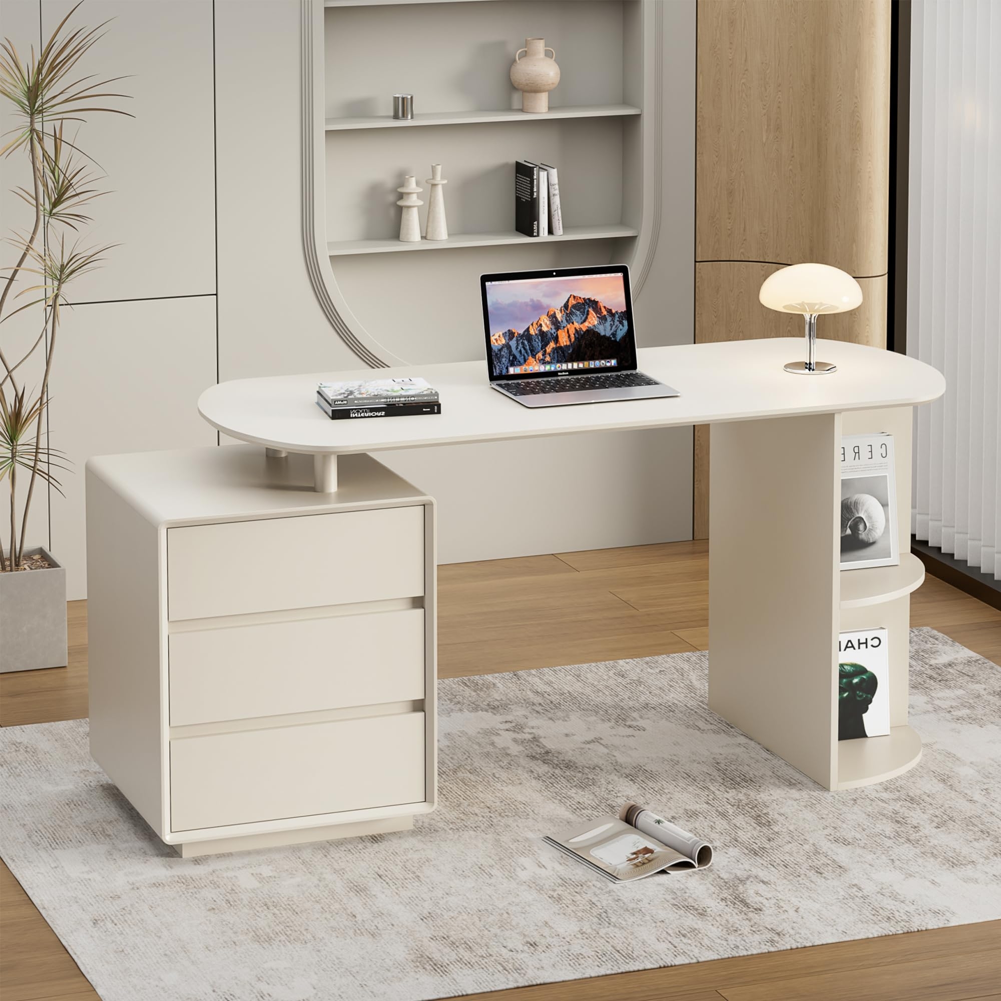 Amazon Qulomvs Desk With Drawers 55inch Home Office White Desk With Drawers And Storage Shelves Cream White Modern Simple Style Laptop Desk Work Study Writing Table Workstation For Home Office Home