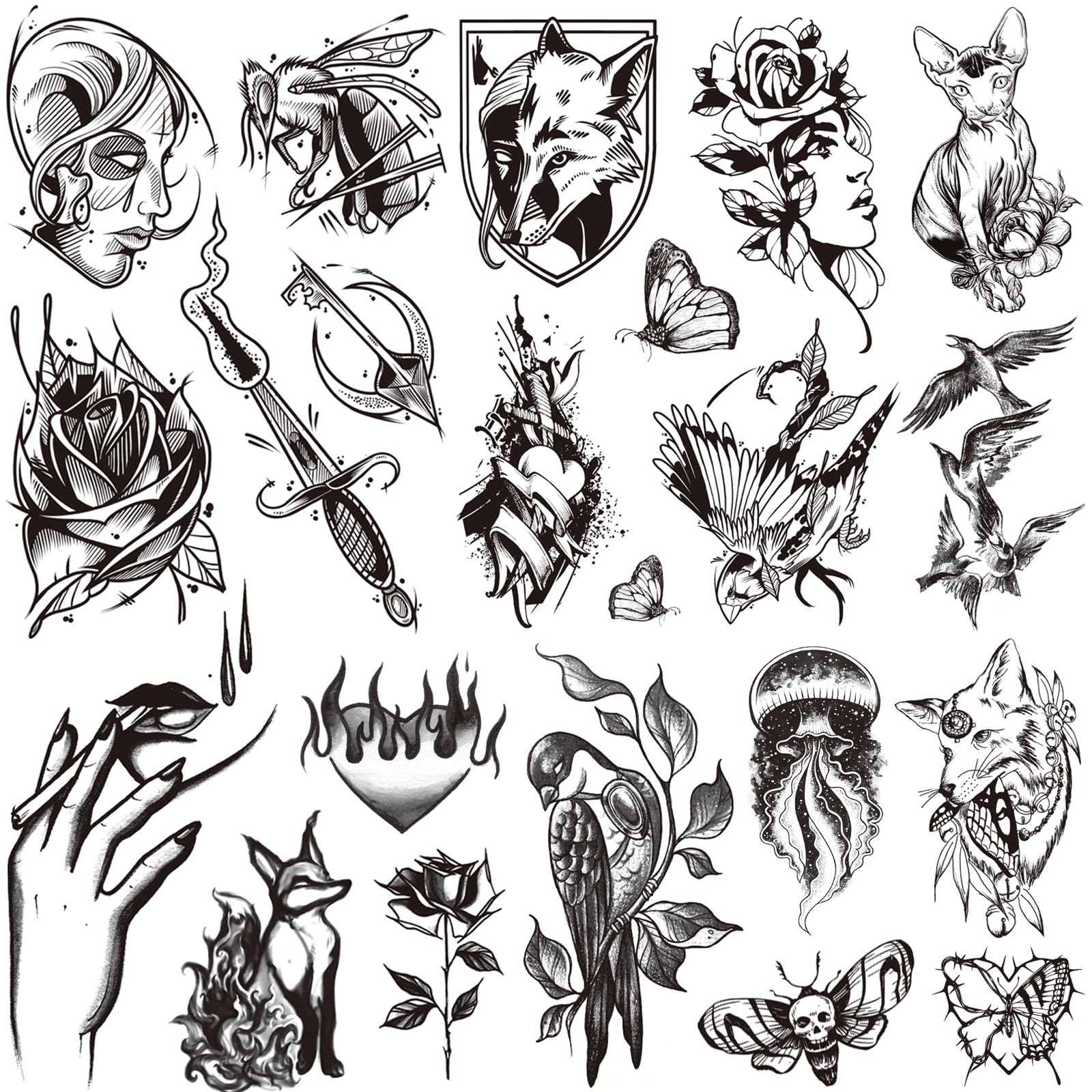 Amazon Tazimi 9 Sheets Large Black Temporary Tattoos For Women Men Bird Eagle Butterfly Flower Hand Sword Animal Realistic Waterproof Fake 