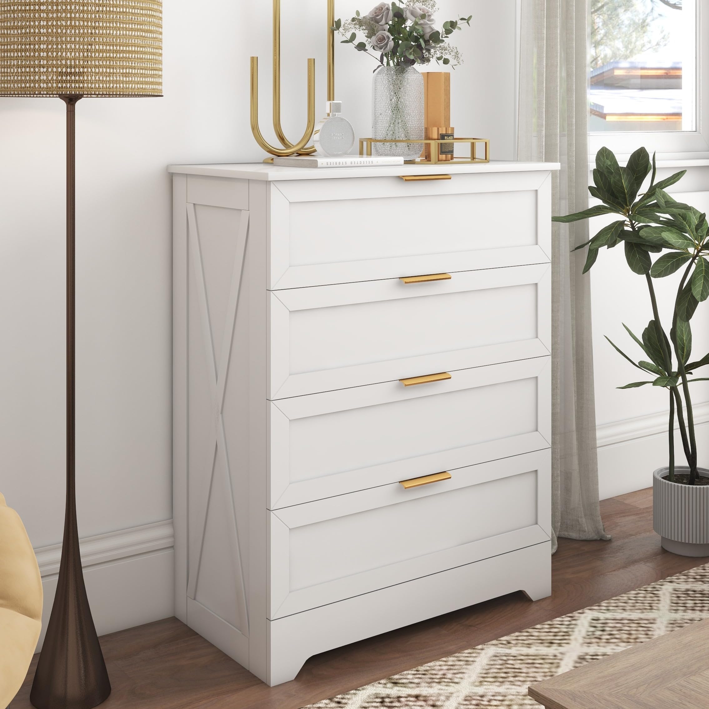 Amazon White 4 Drawer Dresser For Bedroom Tall Bedroom Dresser With Large Drawer U0026 Golden Handles Wooden Storage Organizer Cabinet Chest Of 
