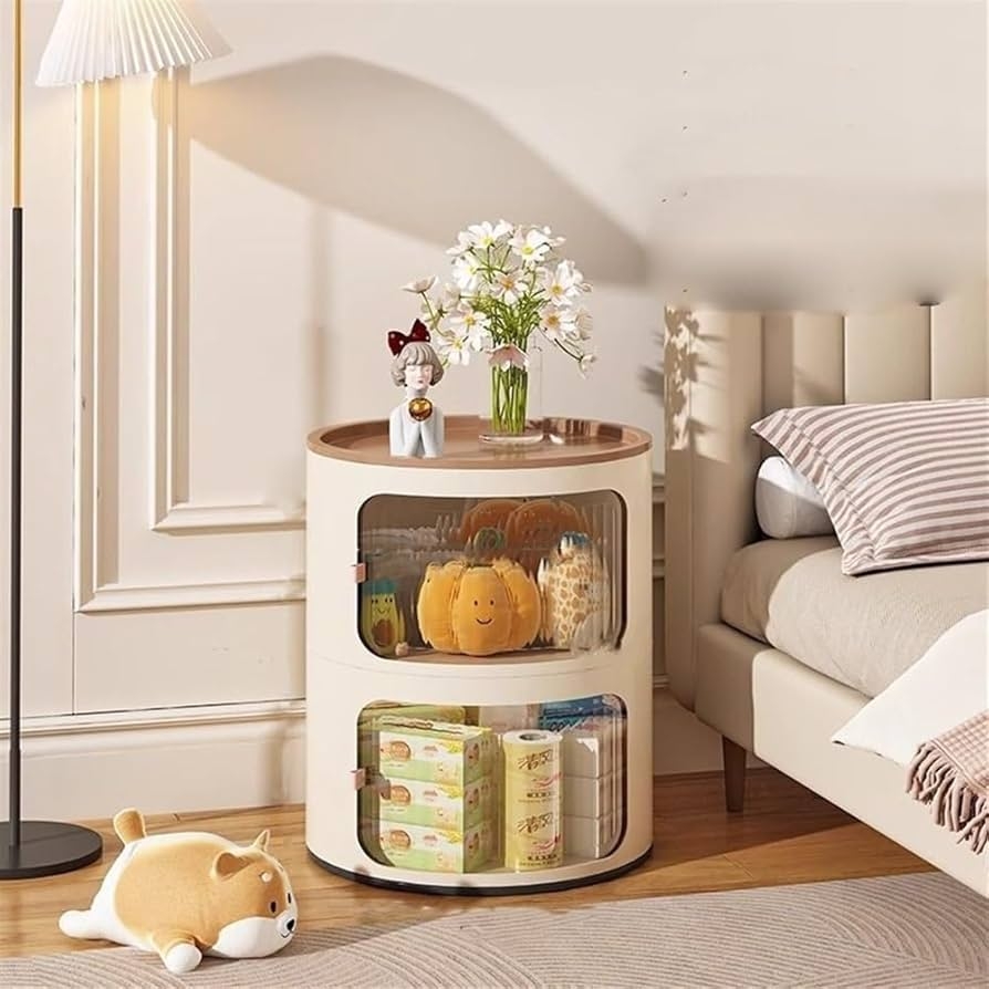 Amazon YWSXHS Round Bedside Table 2 3 4 Tier With Drawers And Sliding Door Modern End Table Side Table Cream Style Plastic Nightstand For Small Spaces Color Brown Panel Size 2tiers 