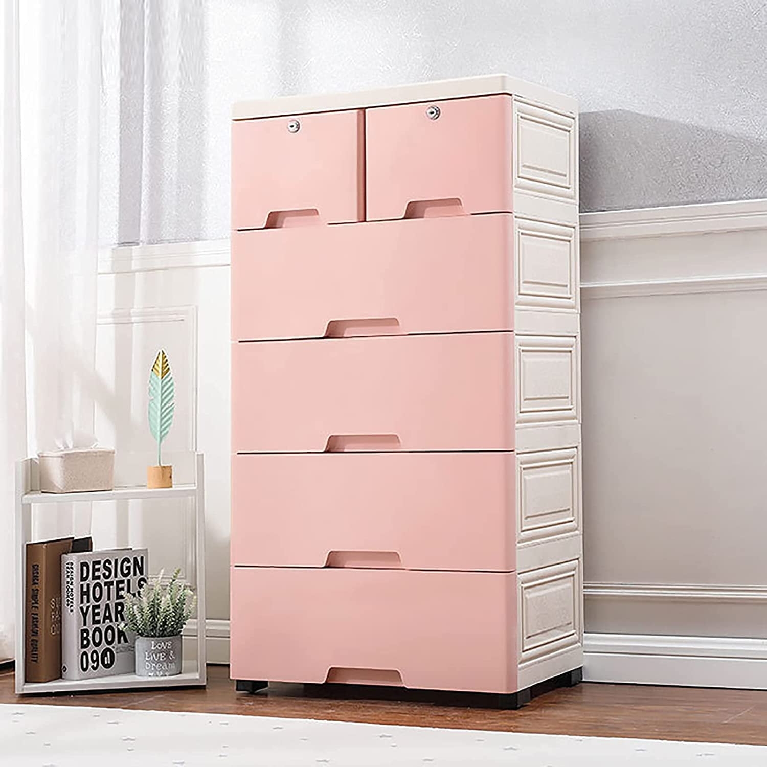 ANQIDI 6 Plastic Drawer Chest Dresser Storage Box Bedroom Tower Closet Organizer Furniture Cabinet With 4 Wheels Pink 