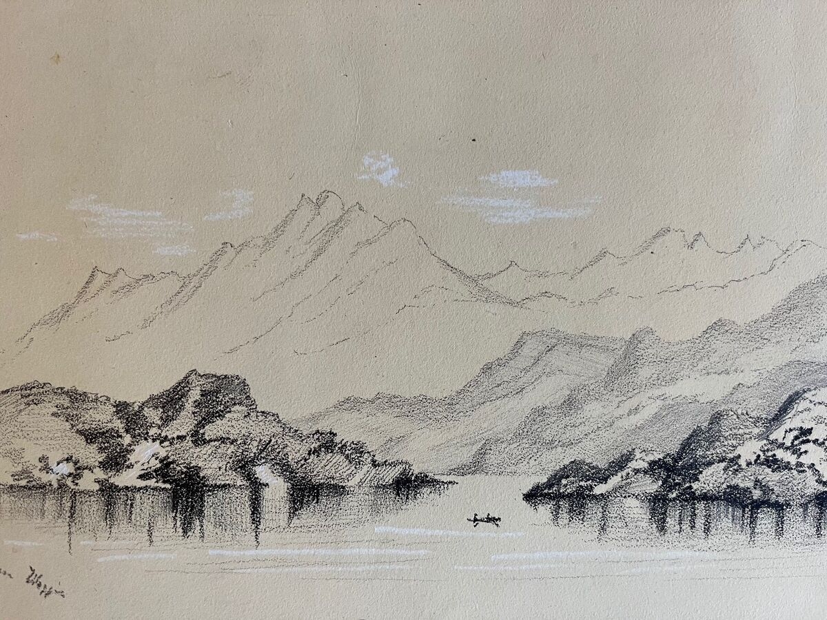 Antique Early 20th Century Pencil Chalk Drawing Mountain Lake Boat 