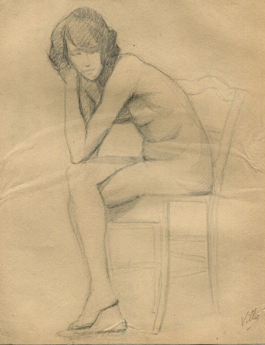 Antique Pencil Drawing Original Nude Woman Sitting Down Portrait EBay