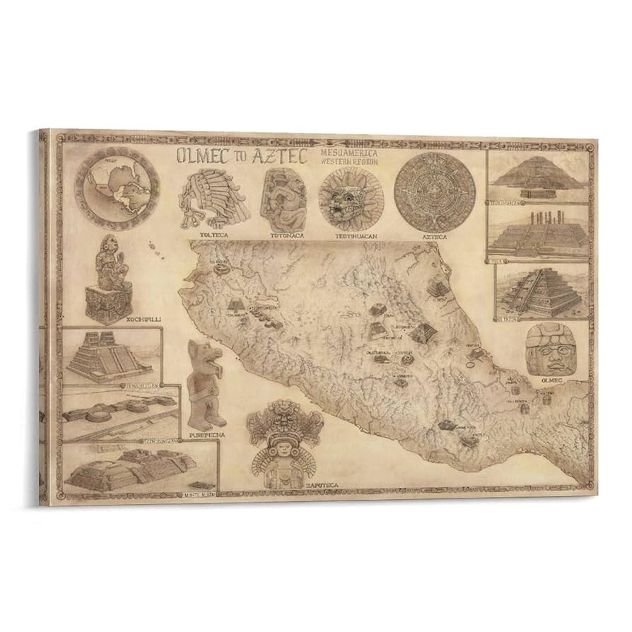 AZTEC Map Handcrafted Aztec To Olmec Map Hand drawn Mesoamerica Western Region Original Design Of Gods And Temples Canvas Poster Wall Art Decor Print 