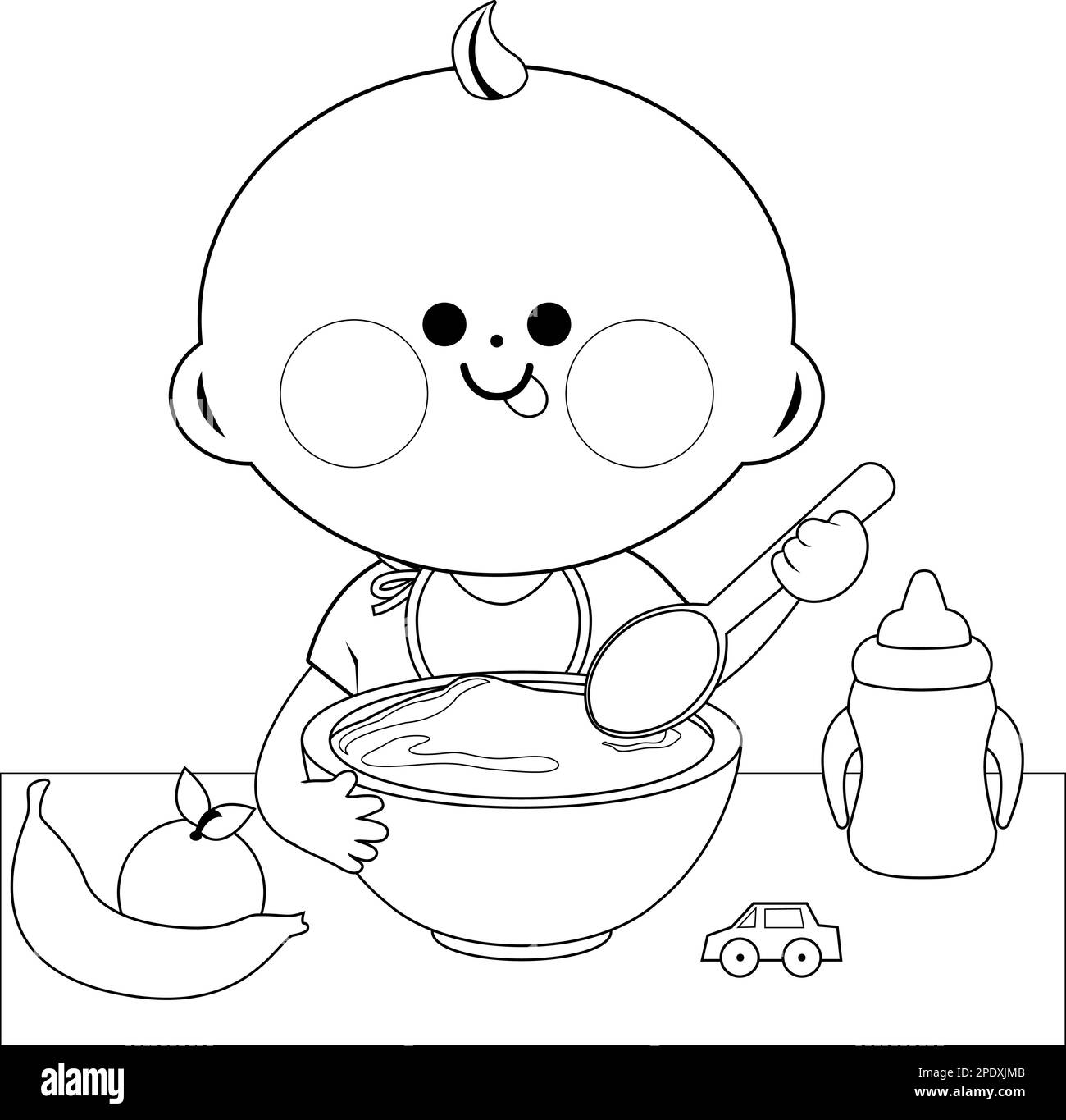 Baby Eating Cereal And Fruit Vector Black And White Coloring Page Stock Vector Image U0026 Art Alamy
