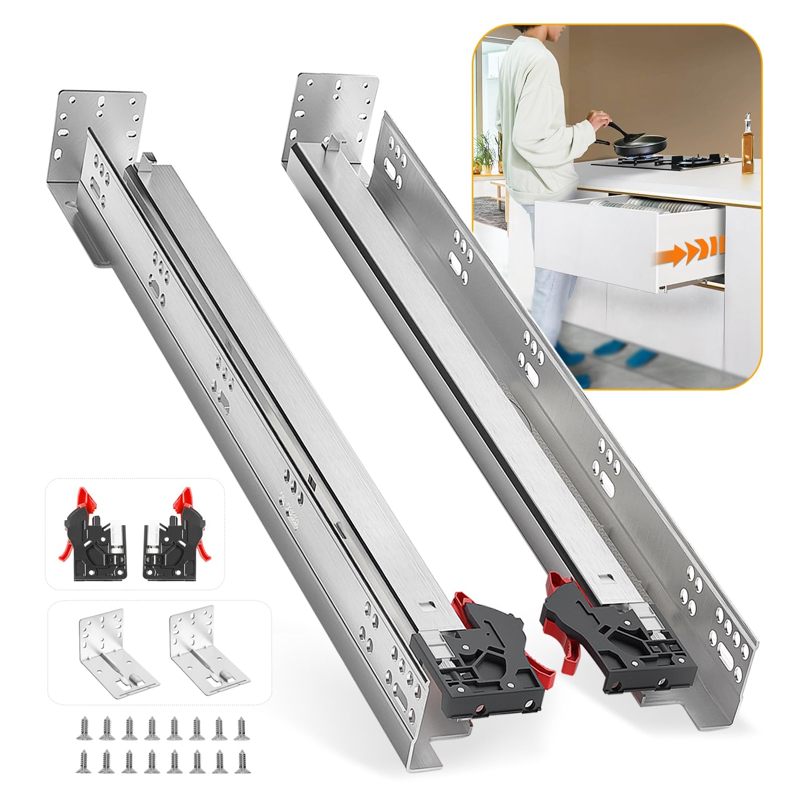 BAIDICE 1 Pair Soft Close Drawer Slides 9 12 15 18 21 24 Inch 80 Lb Capacity Full Extension Hidden Side Mount Rails With Rear Mounting Bracket Locking 