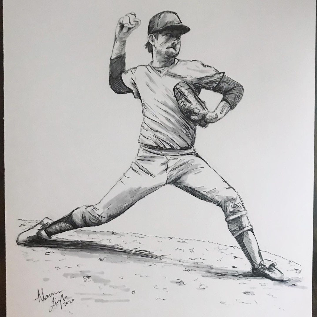 Baseball Art Baseball Player Pitcher Baseball Drawing Etsy