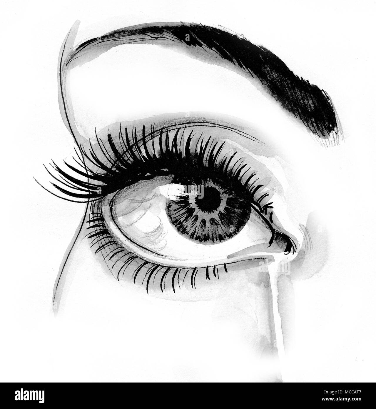 Beautiful Crying Female Eye Ink Black And White Drawing Stock Photo Alamy