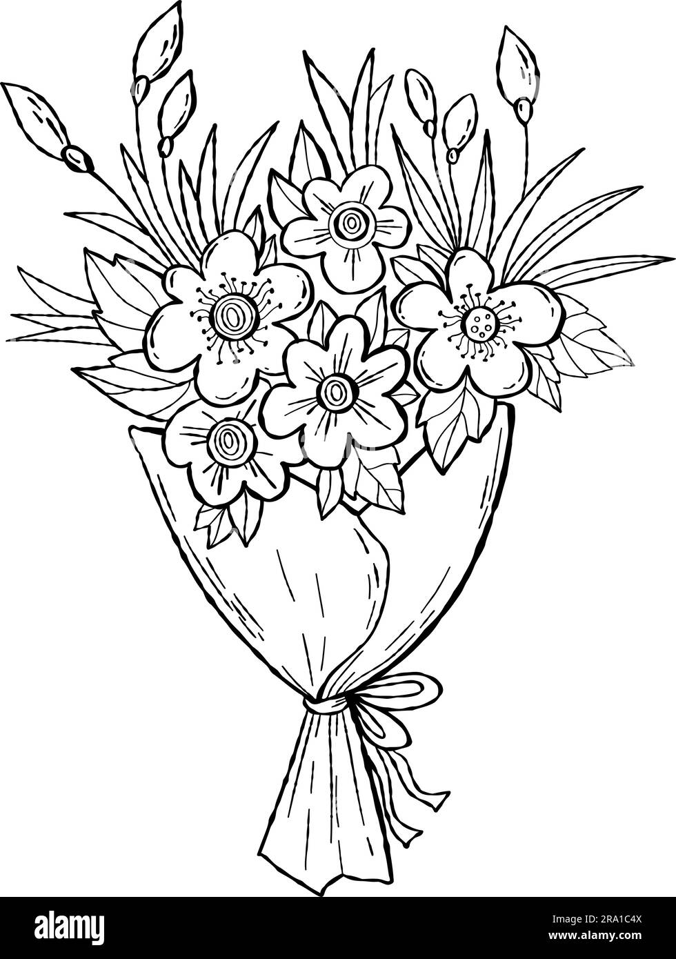 Beautiful Outline Bouquet Of Flowers Vector Illustration 