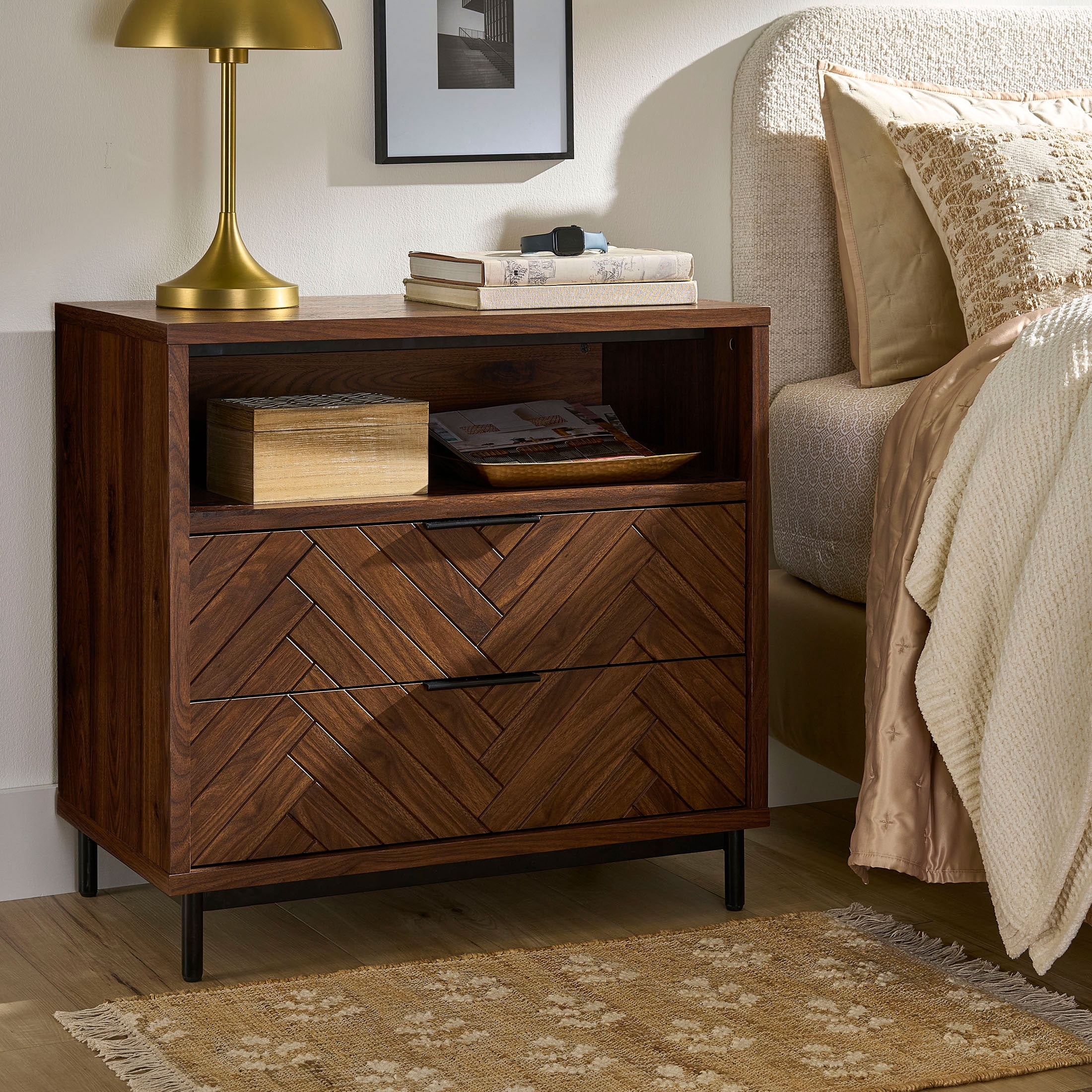 Better Homes U0026 Gardens Wyatt Geo 2 Drawer Nightstand With USB Walnut Finish Walmart