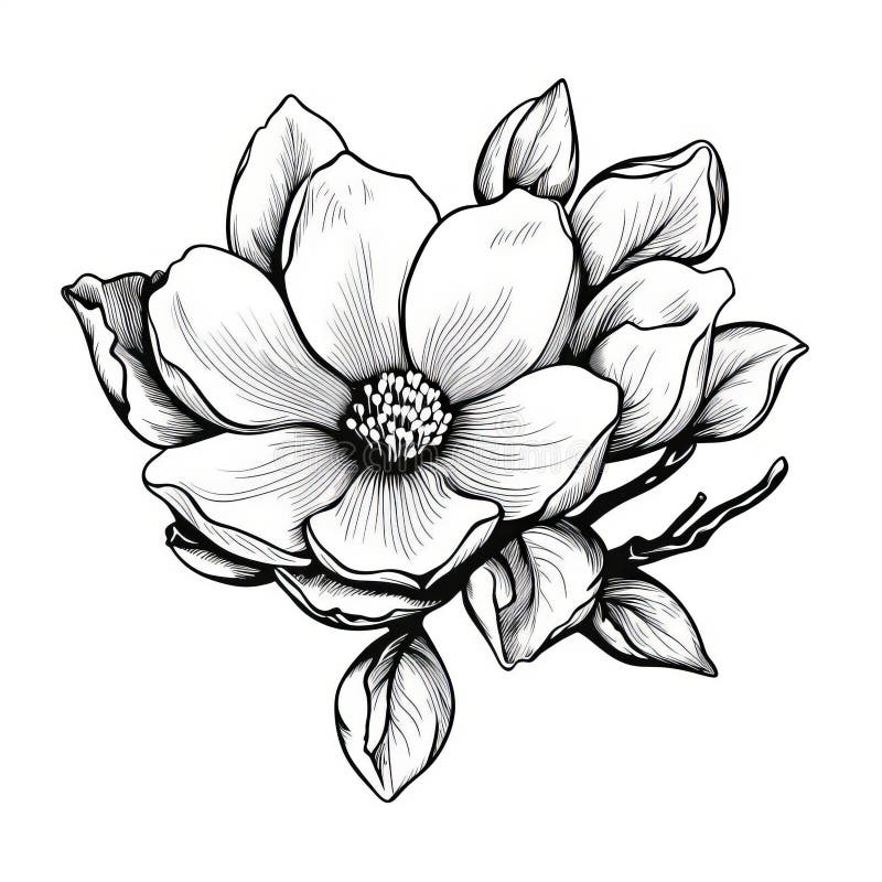 Black And White Magnolia Flower Drawing Detailed Composition And Classic Tattoo Motif Stock Illustration Illustration Of Thick Resembles 312507542