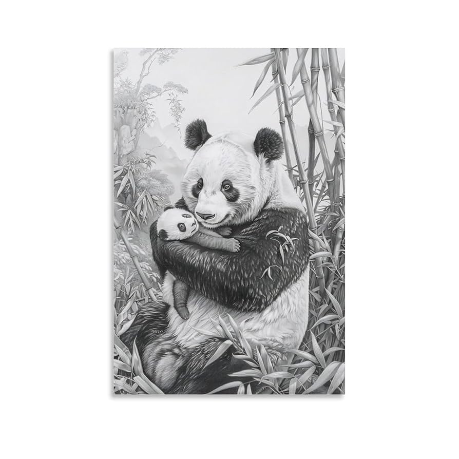 Black And White Pencil Drawing Of Giant Panda And Baby Without Frame Wall Art Picture Painting Poster Canvas Print Posters Artworks Bedroom Living 