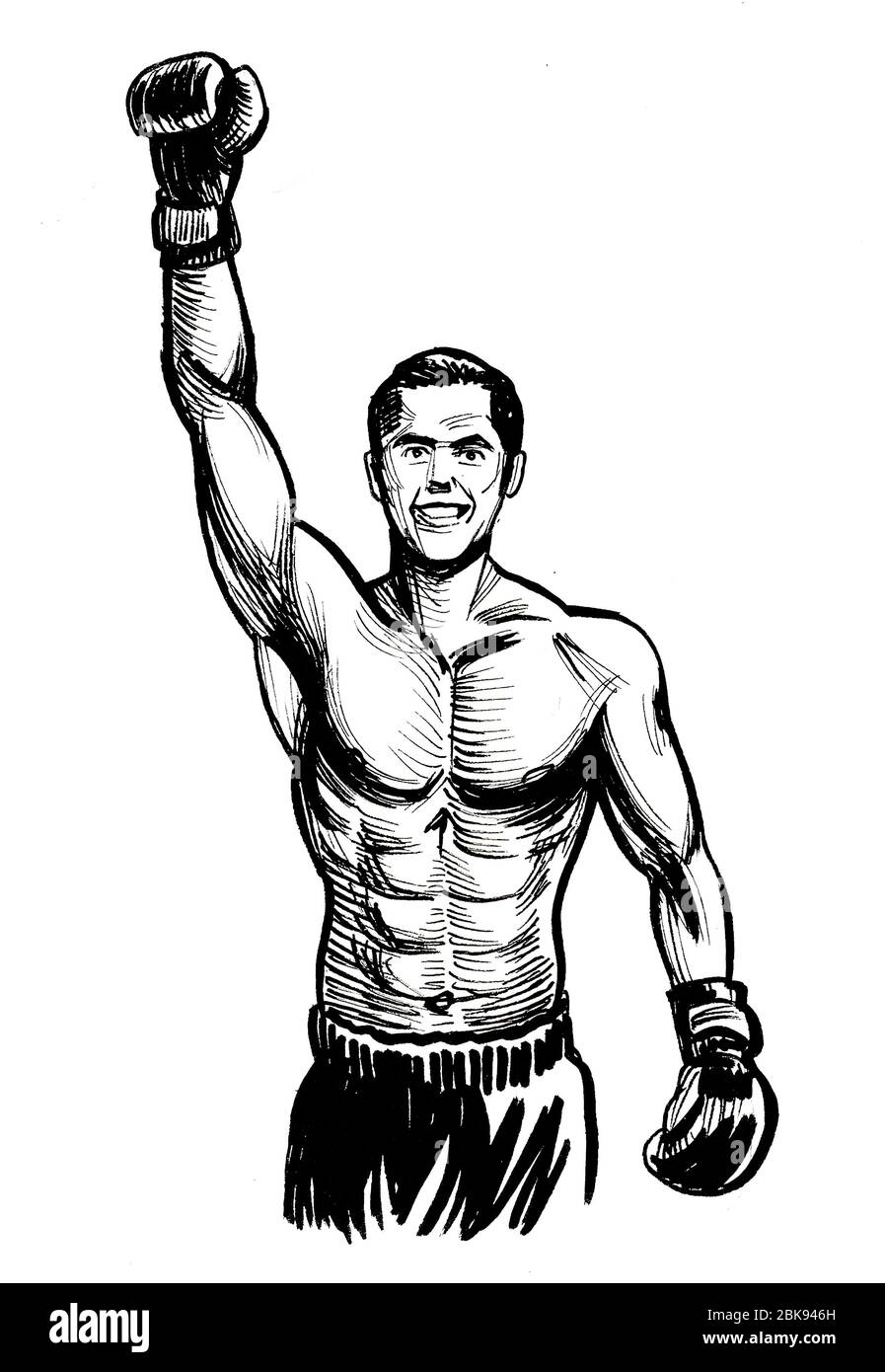 Boxing Champion With Raised Right Hand Ink Black And White Drawing Stock Photo Alamy