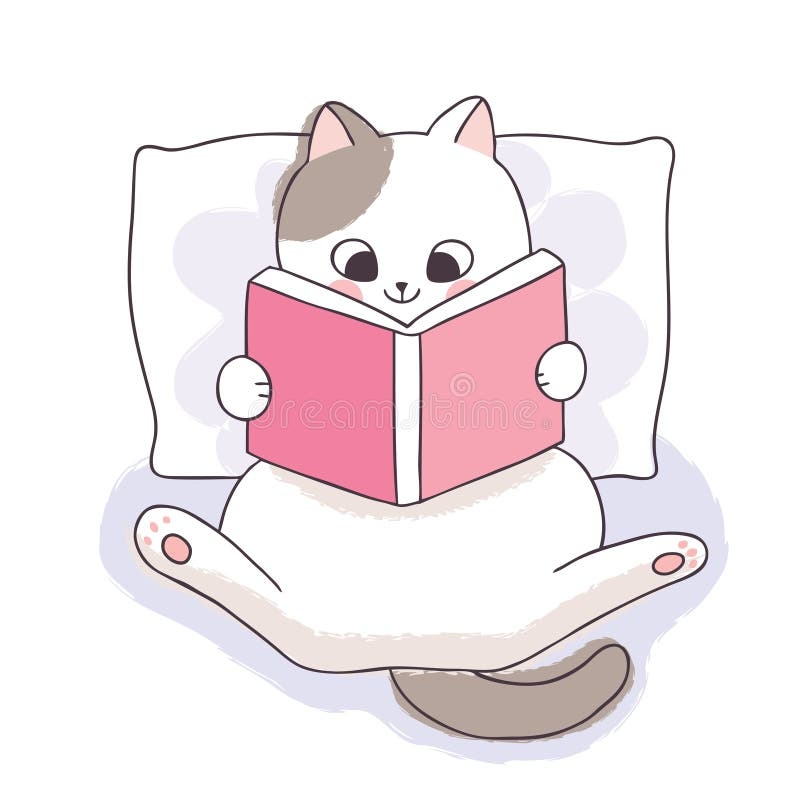 Cartoon Cute Book Day Adorable White Cat Reading Book Vector Stock Vector Illustration Of Funny Drawing 174266438
