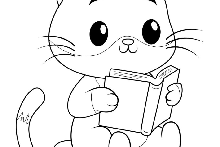 Cat Cartoon Reading A Book Line Art Royalty Free Vector
