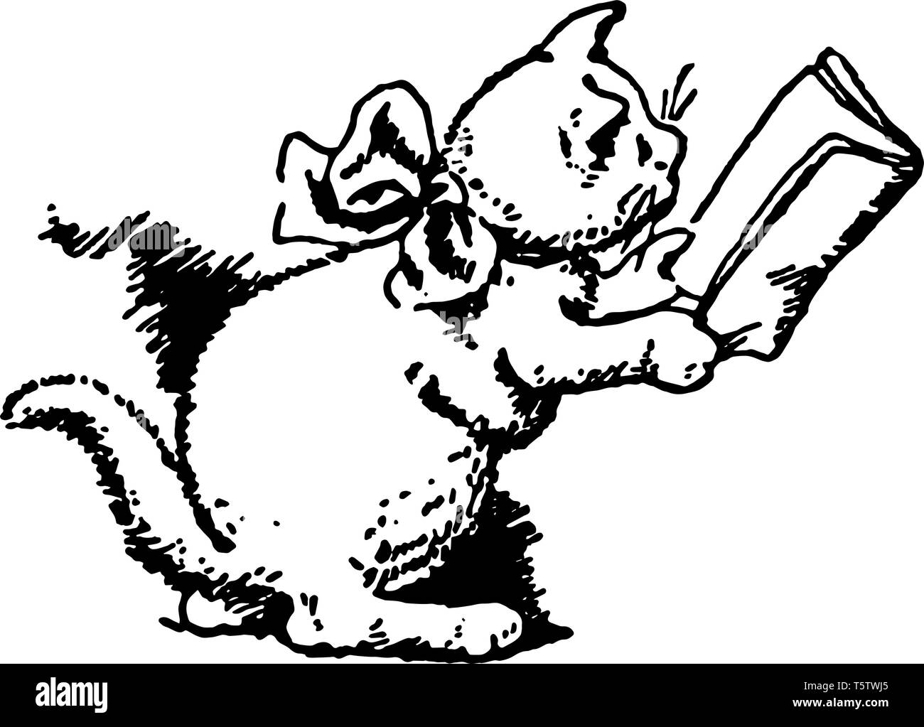 Cat In Bow And Reading Book This Scene Shows A Cat In Bow And Reading Book Vintage Line Drawing Or Engraving Illustration Stock Vector Image U0026 Art Alamy
