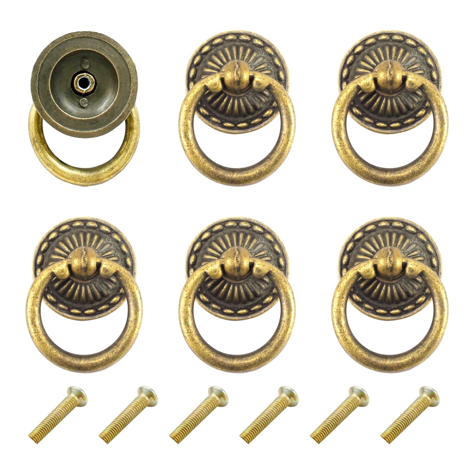 Chris W 6pcs Vintage Bronze Drop Ring Knobs Pulls Handles For Dresser Drawer Antique Drawer Pull Ring Single Hole Decorative Hardware With Screws For 