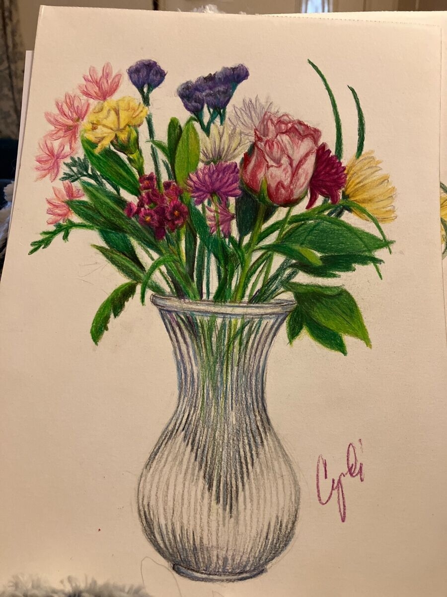 COLORED PENCIL Drawing Original Flowers In Vase Rose EBay