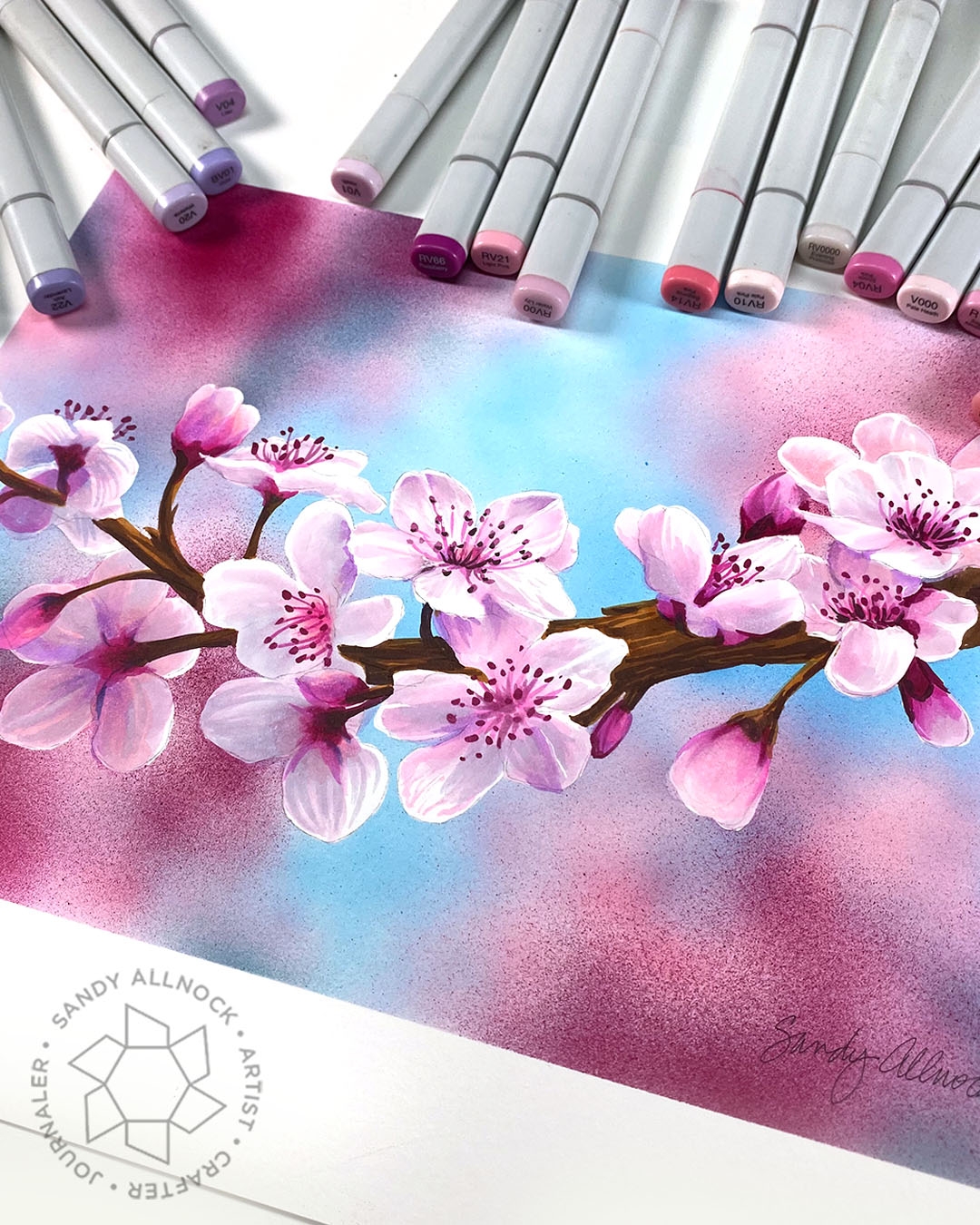 Copic Cherry Blossom Branch part 2 Sandy Allnock