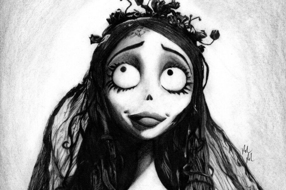 Corpse Bride Emily Handmade Charcoal Illustration Print Halloween