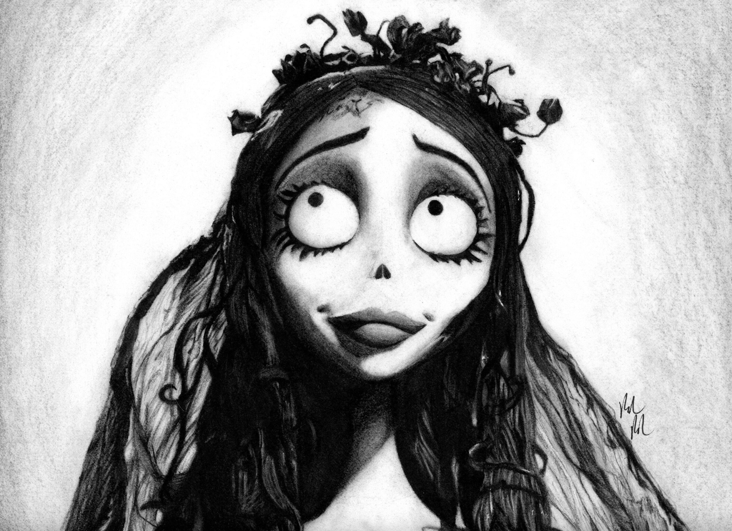 Corpse Bride Emily Handmade Charcoal Illustration Print Halloween 