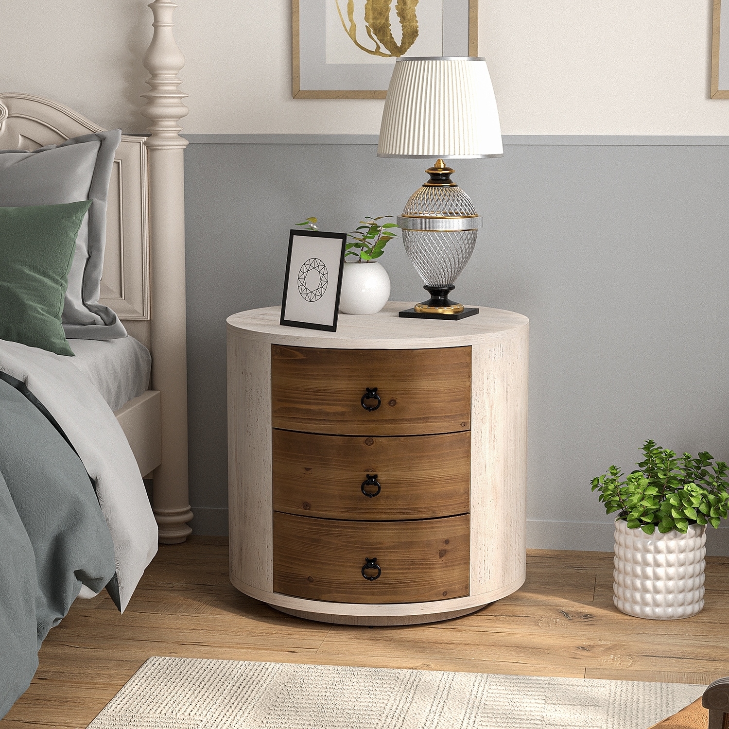 COSIEST Modern Round Solid Wood Storage Chest Nightstand With 3 Drawers