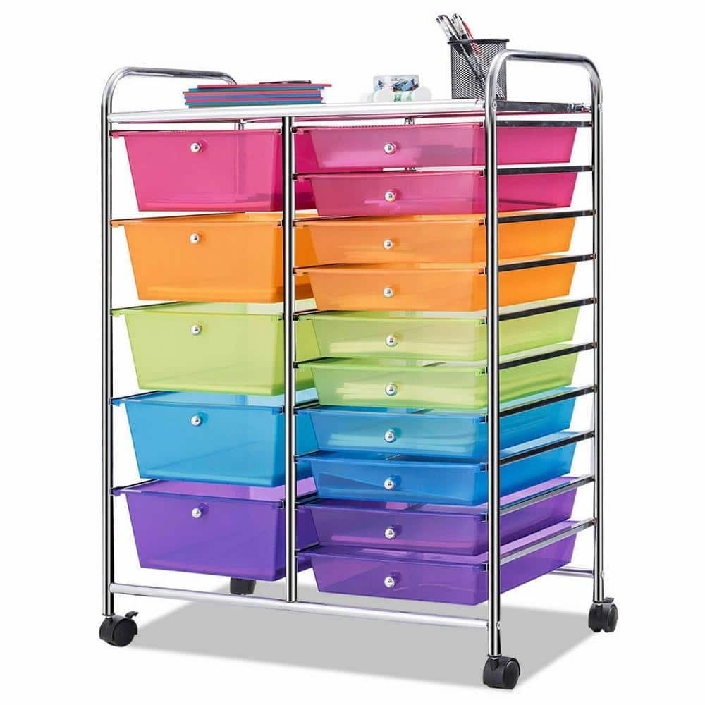 Costway 15 Drawer 4 Wheeled Plastic Rolling Storage Cart Tools Scrapbook Paper Office School Organizer In Colorful HW53825 The Home Depot