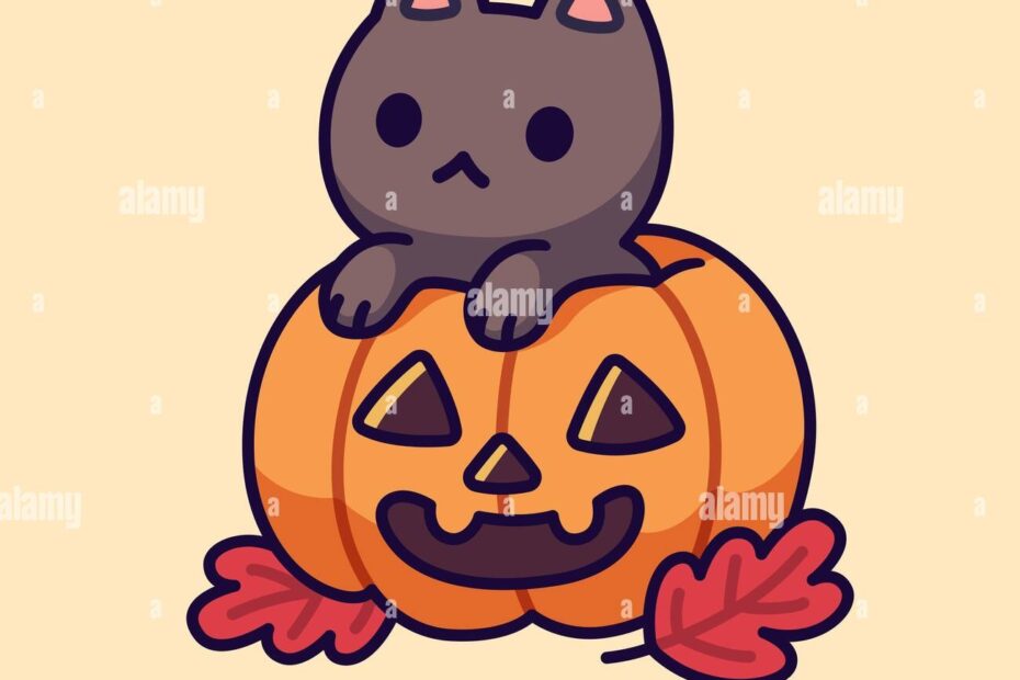 Cute Black Cat Inside Halloween Pumpkin With Carved Spooky Face