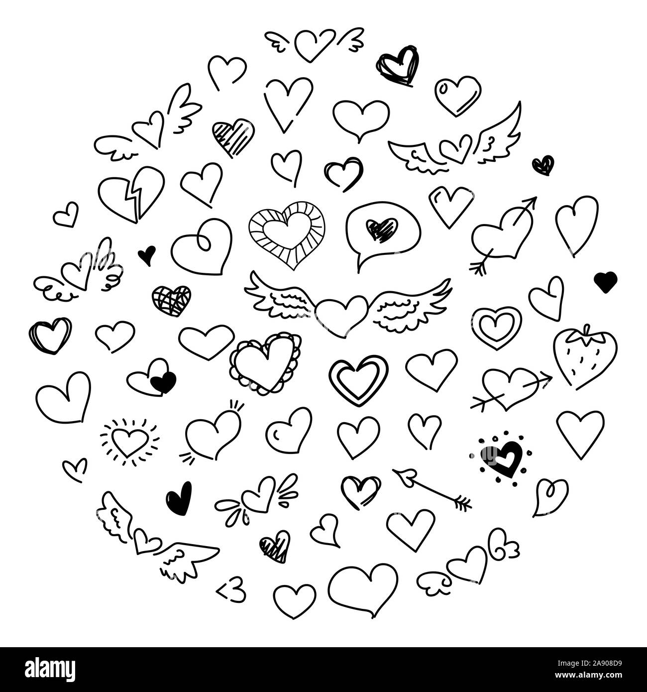 Cute Doodle Heart Set Love Concept Drawing Design Elements 
