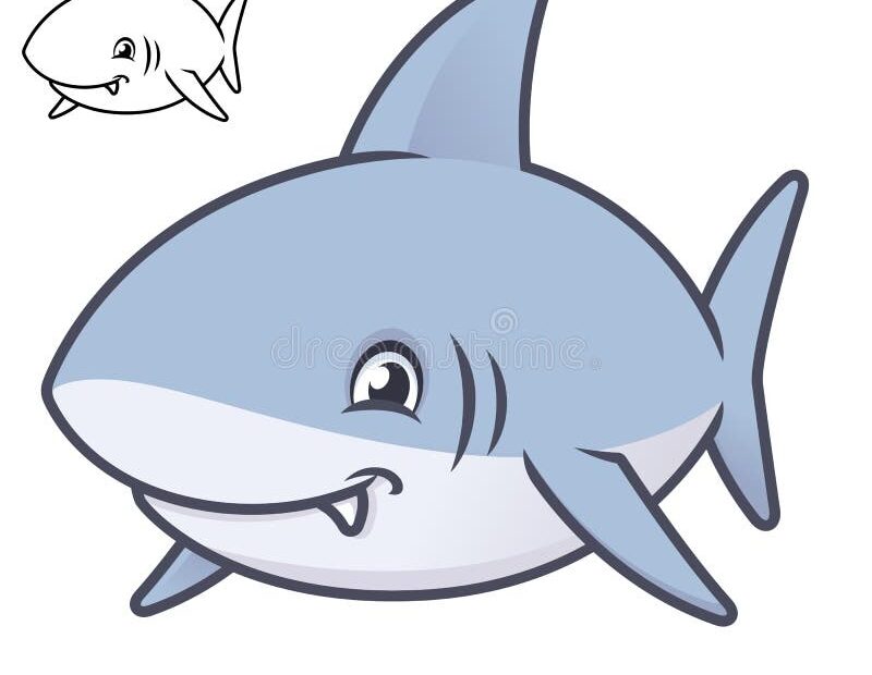 Cute Happy Baby Shark With Black And White Line Art Drawing Stock Vector Illustration Of Isolated Banner 248884808