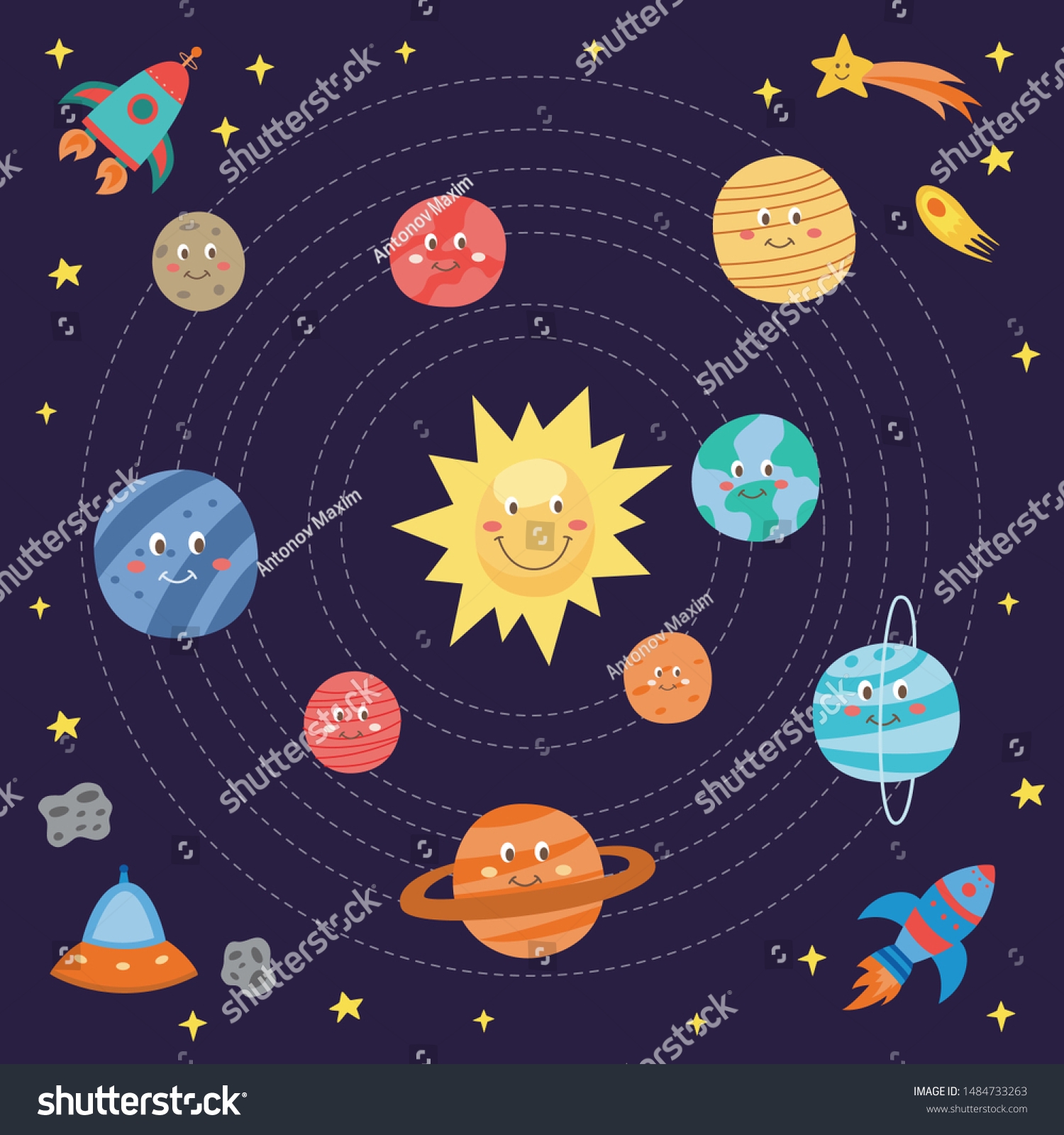 Cute Planets Drawing Children Cartoon Galaxy Stock Vector Royalty Free 1484733263 Shutterstock