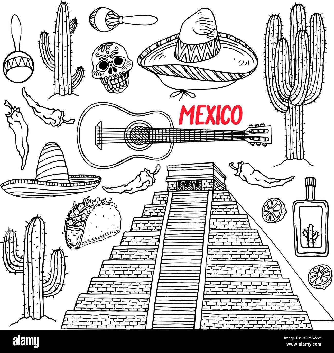 Cute Set Of A Different Sketch Traditional Mexican Items Chichen 